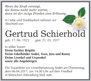 Traueranzeige von Gertrud Schierhold von Super Sonntag Halle