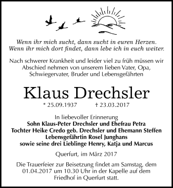 Traueranzeige von Klaus Drechsler von Mitteldeutsche Zeitung Merseburg/Querfurt