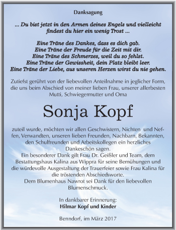 Traueranzeige von Sonja Kopf von Mitteldeutsche Zeitung Mansfelder Land