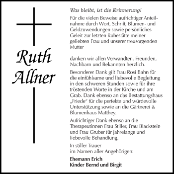 Traueranzeige von Ruth Allner von WVG - Wochenspiegel Dessau / Köthen