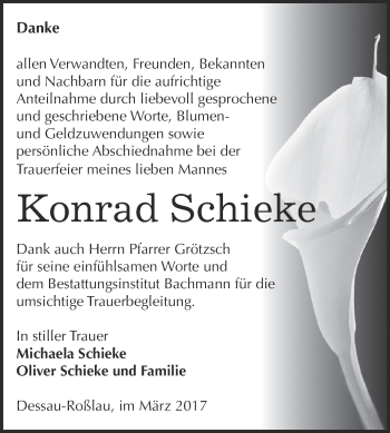 Traueranzeige von Konrad Schieke von WVG - Wochenspiegel Dessau / Köthen