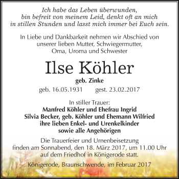 Traueranzeige von Ilse Köhler von Super Sonntag Quedlinburg