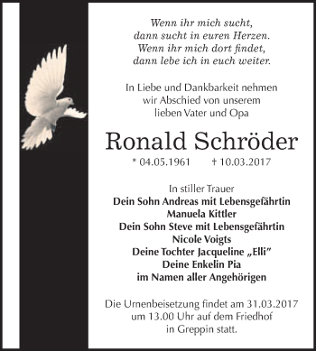 Traueranzeige von Ronald Schröder von WVG - Wochenspiegel Bitterfeld