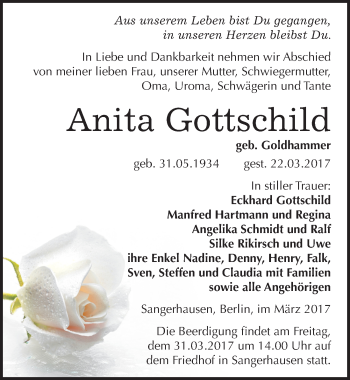 Traueranzeige von Anita Gottschild von Mitteldeutsche Zeitung Sangerhausen