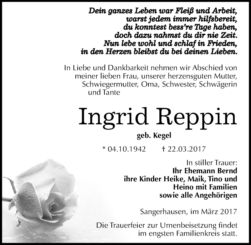  Traueranzeige für Ingrid Reppin vom 25.03.2017 aus Mitteldeutsche Zeitung Sangerhausen