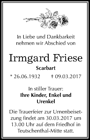 Traueranzeige von Irmgard Friese von Mitteldeutsche Zeitung Halle/Saalkreis