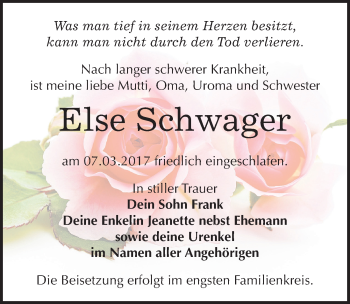 Traueranzeige von Else Schwager von Mitteldeutsche Zeitung Bitterfeld