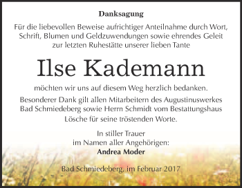 Traueranzeige von Ilse Kademann von Super Sonntag Wittenberg