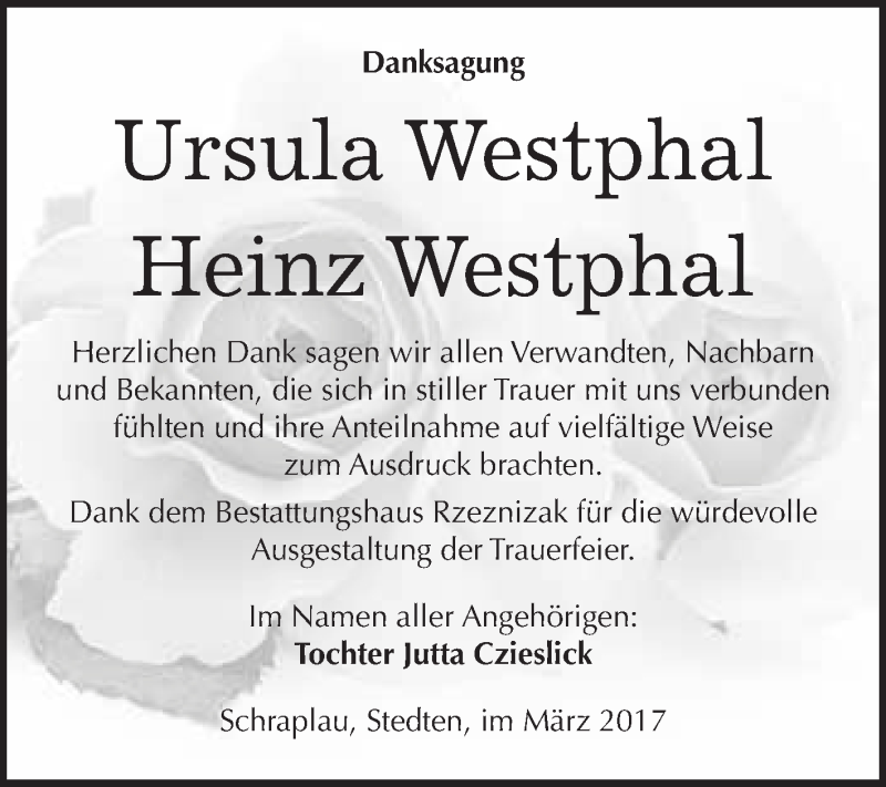  Traueranzeige für Ursula und Heinz Westphal vom 18.03.2017 aus Super Sonntag Halle
