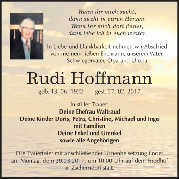 Traueranzeige von Rudi Hoffmann von WVG - Wochenspiegel Bitterfeld