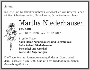 Traueranzeige von Martha Niederhausen von Super Sonntag Halle