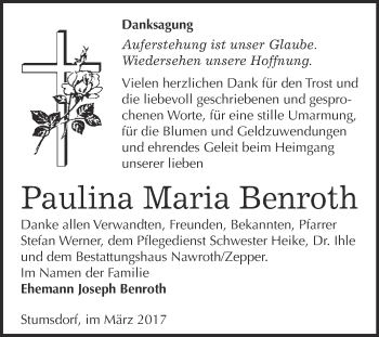 Traueranzeige von Paulina Maria Benroth von WVG - Wochenspiegel Bitterfeld