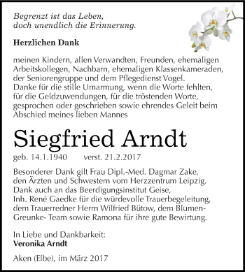 Traueranzeige von Siegfried Arndt von WVG - Wochenspiegel Dessau / Köthen