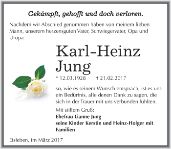 Traueranzeige von Karl-Heinz Jung von Mitteldeutsche Zeitung Mansfelder Land