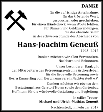 Traueranzeige von Hans-Joachim Geneuß von Mitteldeutsche Zeitung Aschersleben