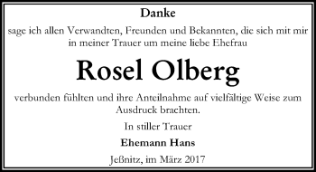 Traueranzeige von Rosel Olberg von Mitteldeutsche Zeitung Bitterfeld