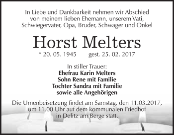 Traueranzeige von Horst Melters von Super Sonntag Halle