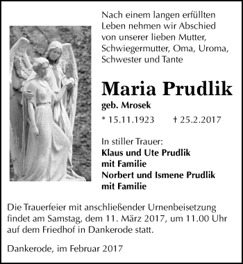 Traueranzeige von Maria Prudlik von Mitteldeutsche Zeitung Quedlinburg