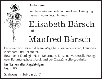 Traueranzeige von Elisabeth und Manfred Bärsch von Super Sonntag Quedlinburg