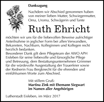 Traueranzeige von Ruth Ehricht von Mitteldeutsche Zeitung Mansfelder Land