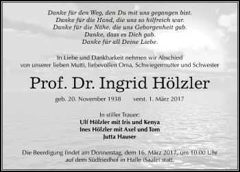 Traueranzeige von Ingrid Hölzler von Mitteldeutsche Zeitung Halle/Saalkreis