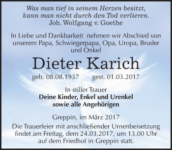 Traueranzeige von Dieter Karich von Mitteldeutsche Zeitung Bitterfeld