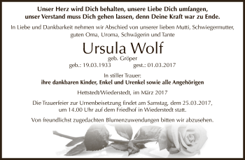 Traueranzeige von Ursula Wolf von Super Sonntag SGH Mansf. Land