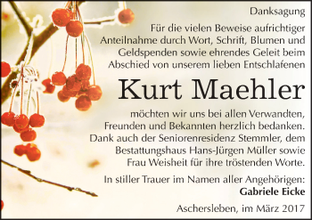 Traueranzeige von Kurt Maehler von Mitteldeutsche Zeitung Aschersleben
