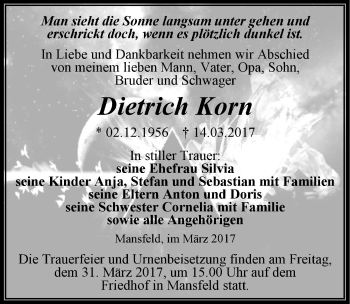 Traueranzeige von Dietrich Korn von Mitteldeutsche Zeitung Mansfelder Land