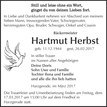 Traueranzeige von Hartmut Herbst von Super Sonntag Quedlinburg