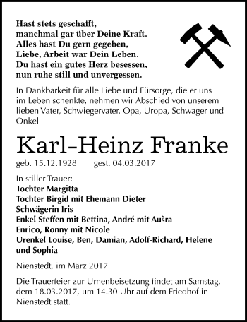 Traueranzeige von Karl-Heinz Franke von Mitteldeutsche Zeitung Sangerhausen