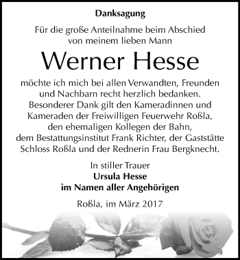 Traueranzeige von Werner Hesse von Mitteldeutsche Zeitung Sangerhausen