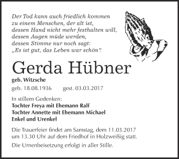 Traueranzeige von Gerda Hübner von WVG - Wochenspiegel Bitterfeld