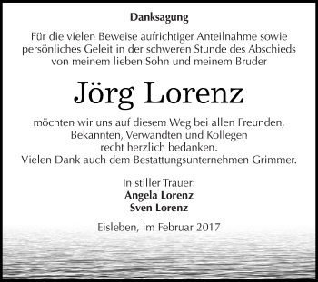 Traueranzeige von Jörg Lorenz von Super Sonntag SGH Mansf. Land