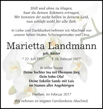 Traueranzeige von Marietta Landmann von Super Sonntag Zeitz