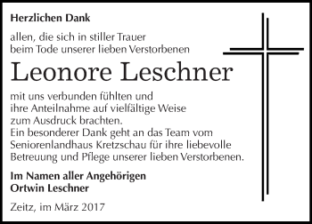 Traueranzeige von Leonore Leschner von Super Sonntag Zeitz