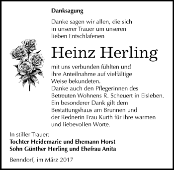 Traueranzeige von Heinz Herling von Mitteldeutsche Zeitung Mansfelder Land