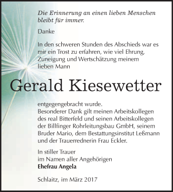 Traueranzeige von Gerald Kiesewetter von WVG - Wochenspiegel Bitterfeld