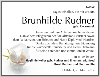 Traueranzeige von Brunhilde Rudner von Super Sonntag SGH Mansf. Land