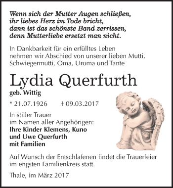 Traueranzeige von Lydia Querfurth von Mitteldeutsche Zeitung Quedlinburg