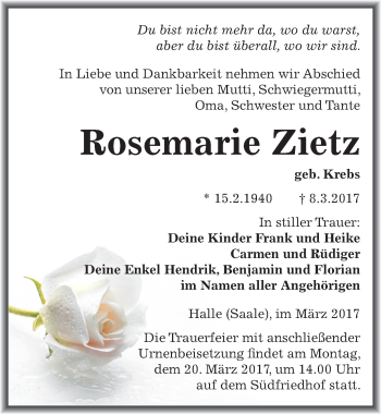 Traueranzeige von Rosemarie Zietz von Mitteldeutsche Zeitung Halle/Saalkreis