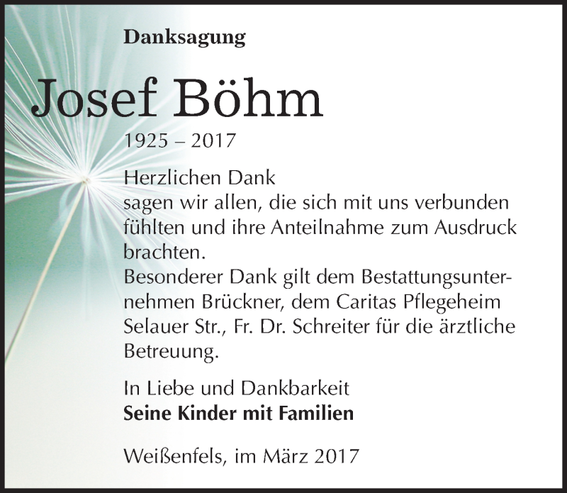  Traueranzeige für Josef Böhm vom 18.03.2017 aus Mitteldeutsche Zeitung Weißenfels