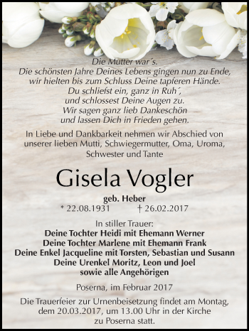 Traueranzeige von Gisela Vogler von WVG - Wochenspiegel NMB / WSF / ZTZ