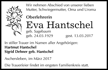 Traueranzeige von Eva Hantschel von Mitteldeutsche Zeitung Aschersleben