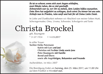 Traueranzeige von Christa Brockel von Mitteldeutsche Zeitung Aschersleben