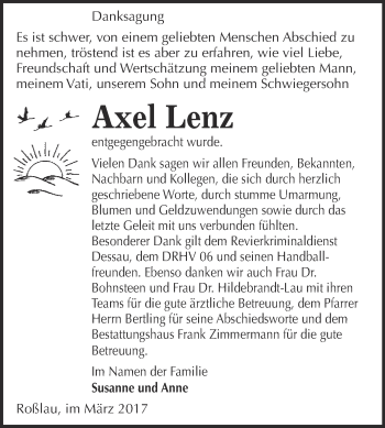 Traueranzeige von Axel Lenz von WVG - Wochenspiegel Dessau / Köthen