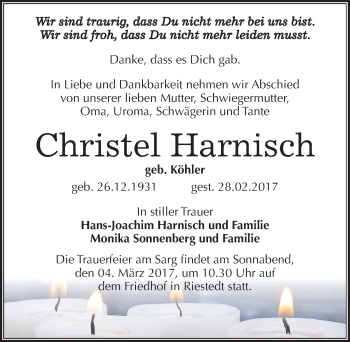 Traueranzeige von Christel Harnisch von Mitteldeutsche Zeitung Sangerhausen