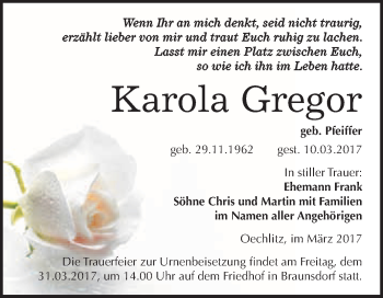 Traueranzeige von Karola Gregor von Super Sonntag Halle