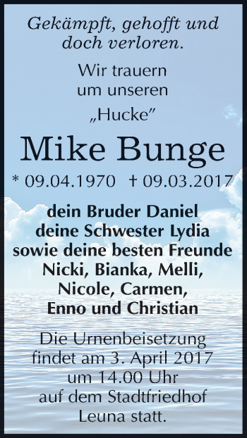 Traueranzeige von Mike Bunge von Mitteldeutsche Zeitung Merseburg/Querfurt