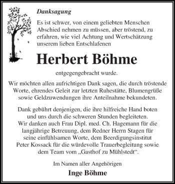 Traueranzeige von Herbert Böhme von WVG - Wochenspiegel Dessau / Köthen